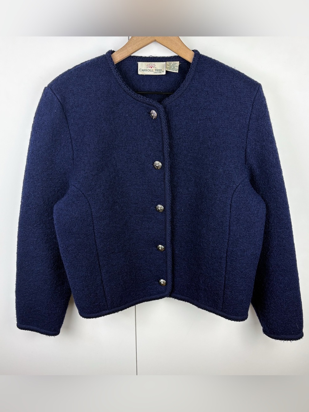 Vintage 100% Wool Nordic Button Down Cardigan Sweater Navy Blue Silver Medium